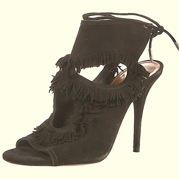 AQUAZZURA Sexy Fringe Suede Tie-Back Sandal Black womens size 5.5 - Picture 2 of 11